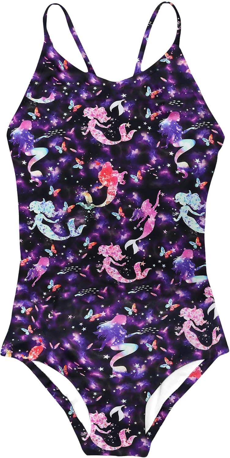 Girls One Piece Galaxy Mermaid Swimsuits Purple Bathing Suits Kids Cross Back Swimwear Beach Party Summer Quick Dry Swim Suits