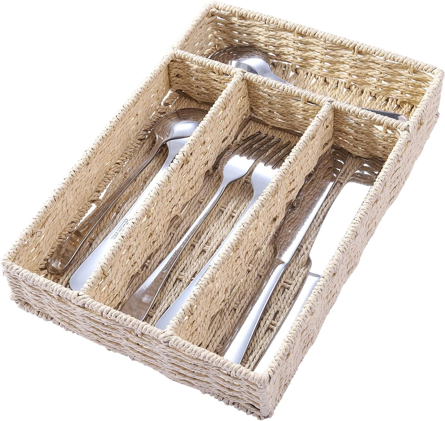 zhuanzhuge rattan silverware drawer storage box, kitchen knife & fork storage, living room storage, four slot organization, pure natural pollution-free plant vine woven, Beige, z321, 12x8x2inches