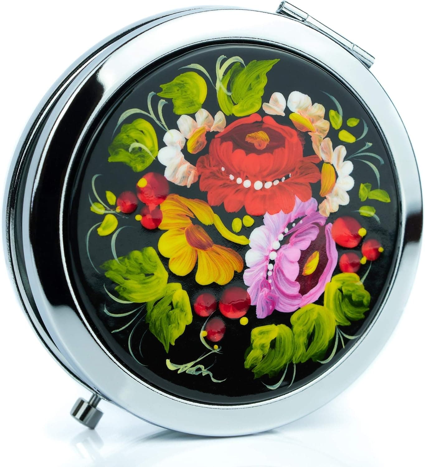 Petrykivka Ethnic Floral Design Hand Painted in Ukraine Round Cosmetic Makeup Double-Sided Pocket Mirror for Purses and Handbags, Small and Unique Gift for Women (Red, Yellow, Green)