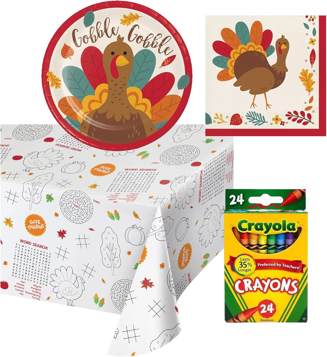 PDE Party Thanksgiving Kids Table Coloring and Activity Party Supplies - Bundle Includes Paper Plates and Napkins for up to 16 People, Crayons, and Paper Table Cover - Tom Turkey Design, Multicolor