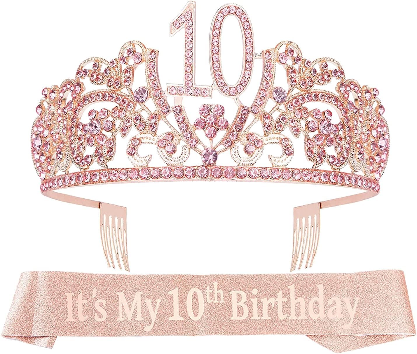 10th Birthday Sash and Tiara for Girls - Fabulous Glitter Sash + Flowers Rhinestone Pink Premium Metal Tiara for Girls, 10th Birthday Gifts for Princess Party