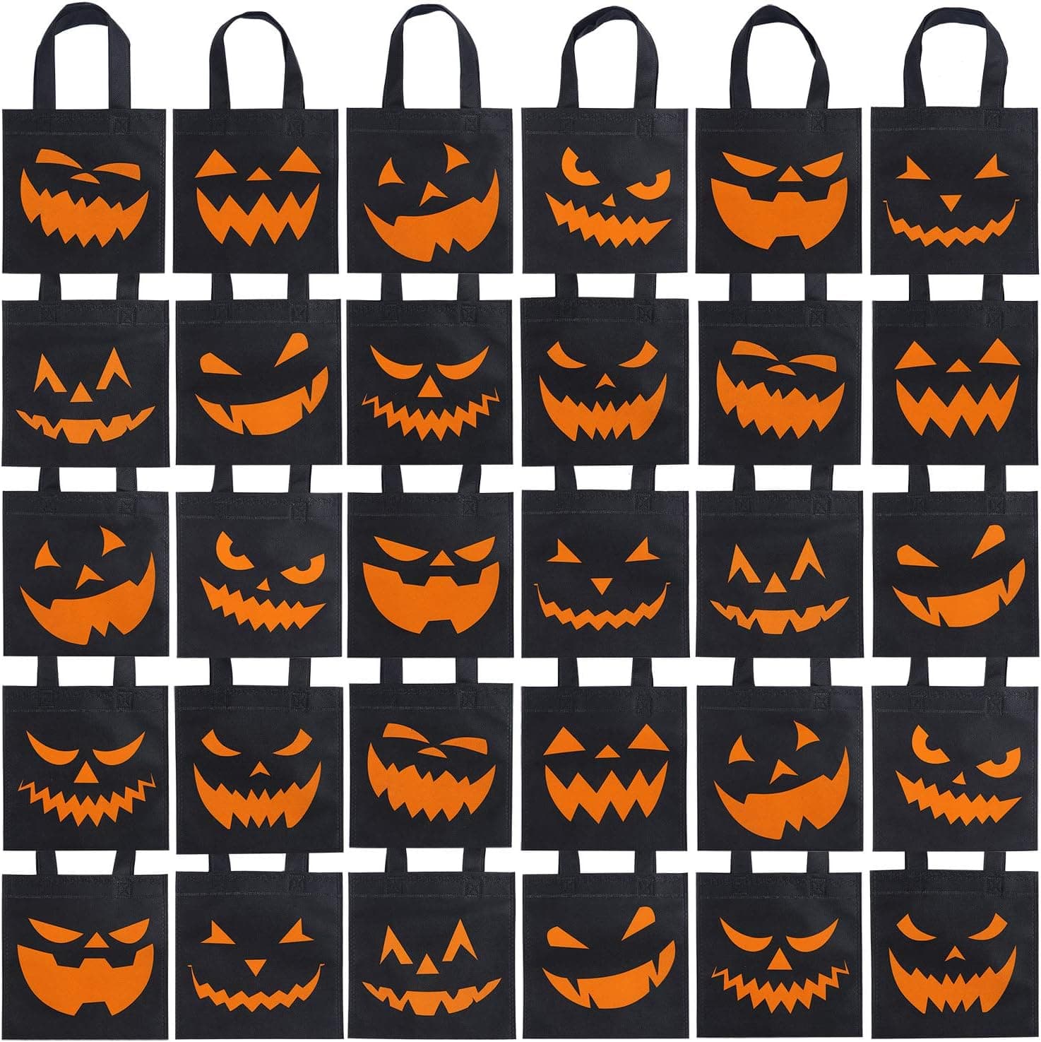 Elcoho 30 Packs Halloween Trick or Treat Non-woven Bags Pumpkin Bags Party Goody Tote Bags Gift Bag with Handles Party Favors, 8 by 8 Inches, 10 Styles