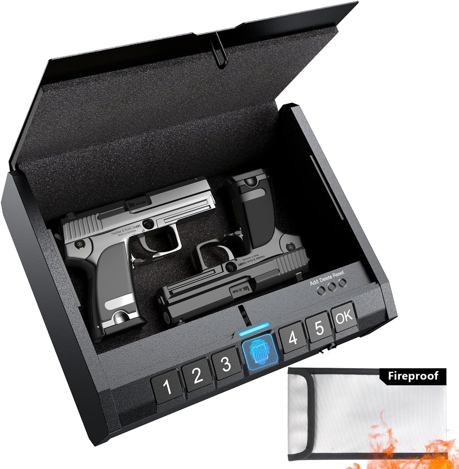 AINIRO Gun Safe for Pistols - Biometric Gun Safe for Handgun with Fireproof Document Bag, Quick-Access Gun Lock with Fingerprint Identification or Key Pad, Firearm Storage Home Bedside Nightstand Car