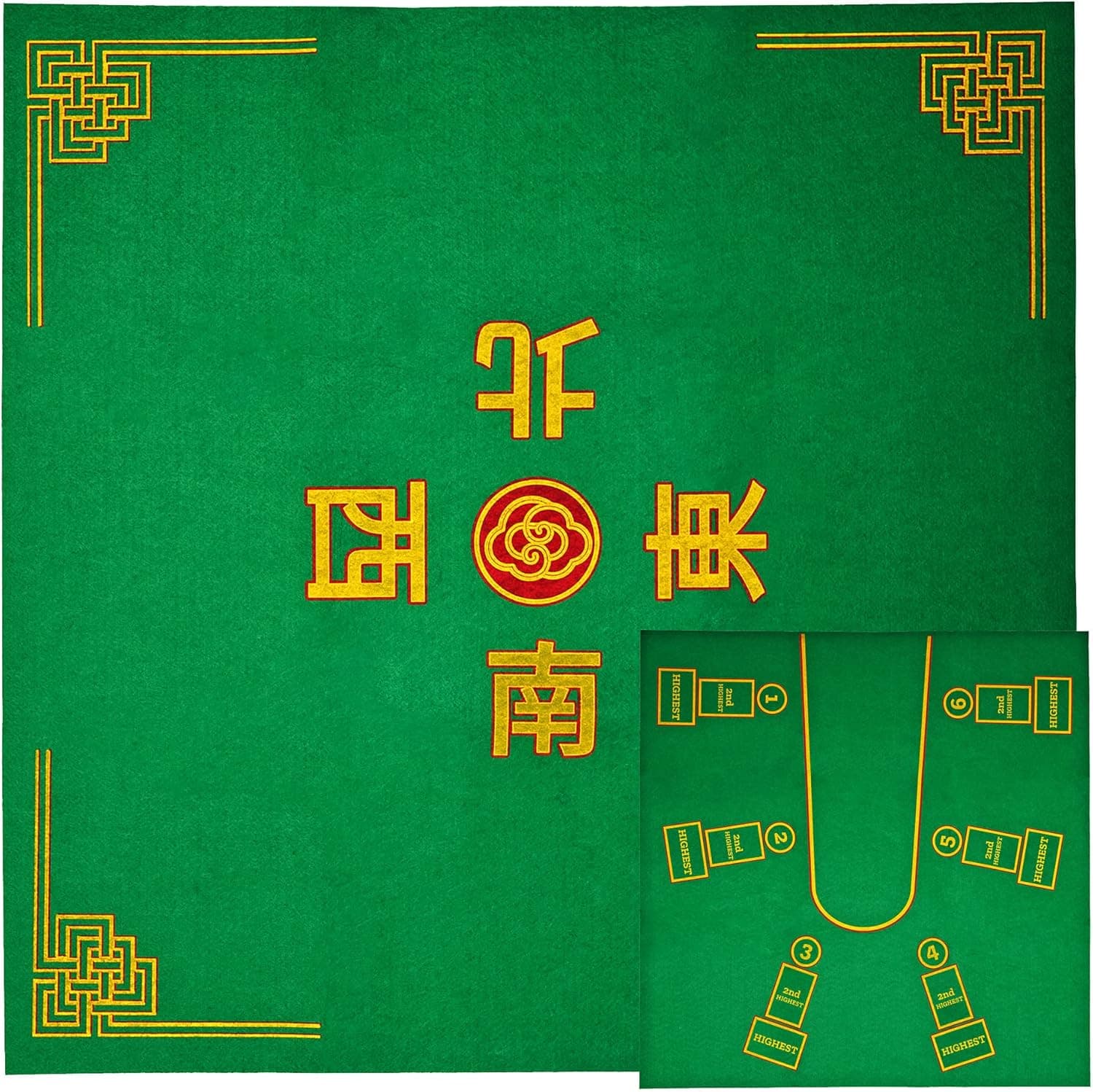 Mahjong and Pai Gow Poker Play Mat - 30" x 30" Green Felt Double Sided Mat - 2-n-1 Table Cover for Classic Chinese Tile Card Game - Slip Resistant Layout for Cards, Dominoes or Tiles - 2-4 Players