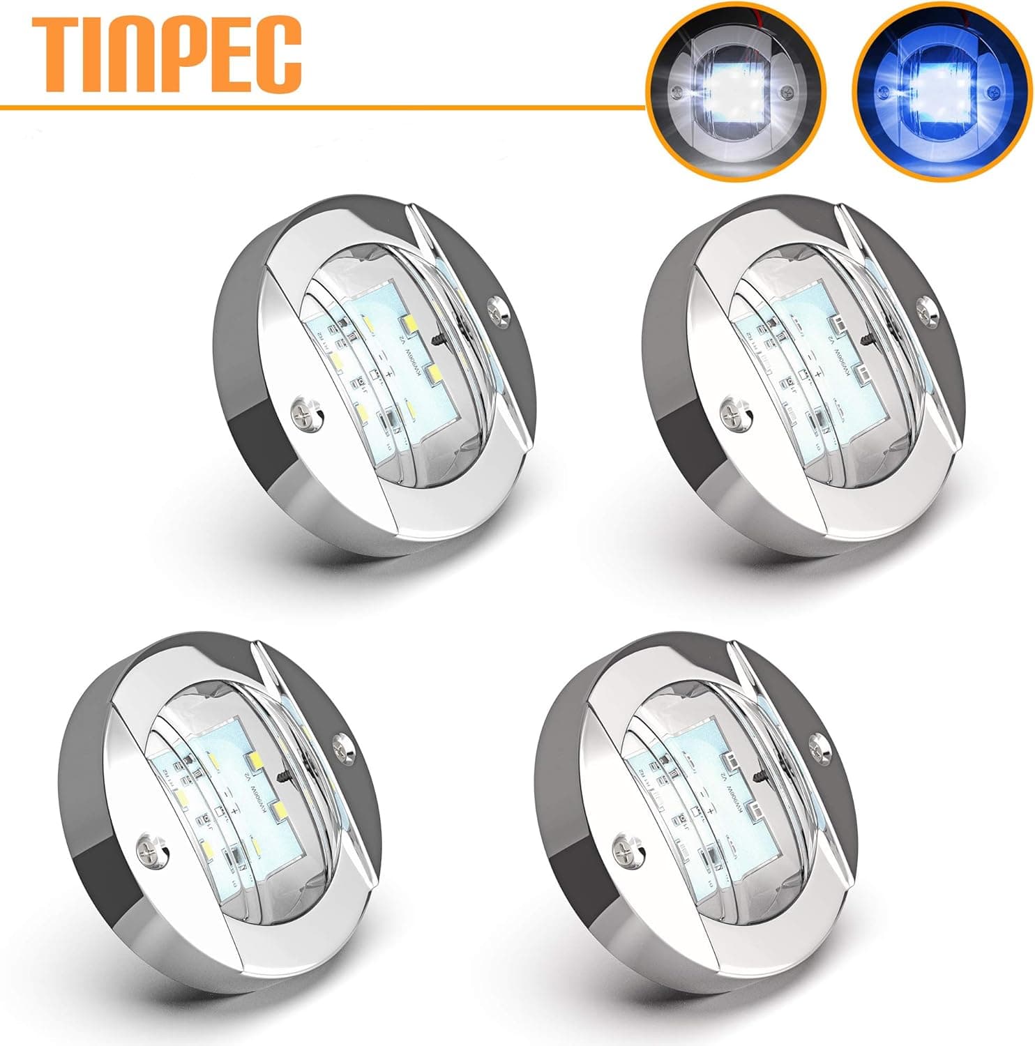 Navigation Lights, 4PCS Tinpec Marine lights IP67 Waterproof Boat LED Lights 12V with Chrome Bezel for Boat Transom Mount Stern Anchor Side Bow Deck Suitable(2xWhite,2xBlue)