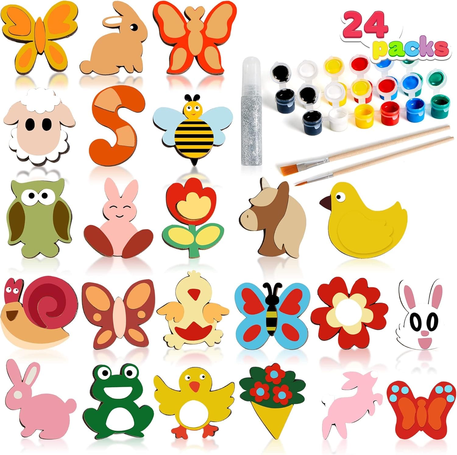 JOYIN Paint Your Own Wooden Magnet, 24 Wood Painting Kits for Kids Ages 4-12, Arts and Crafts for Kids Ages 8-12 for Christmas, Party Favors Supplies for Boys Girls