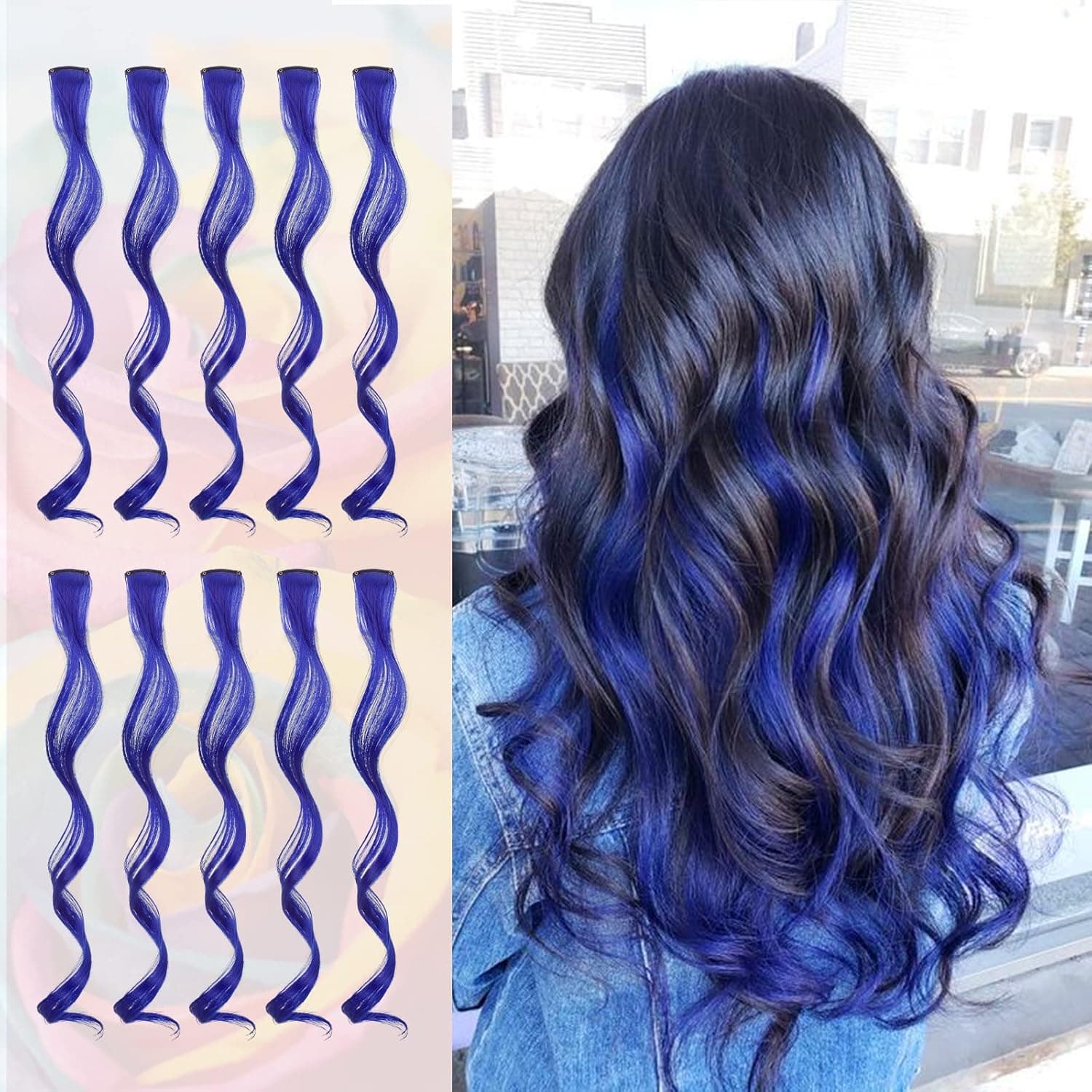 Sofeiyan 10 Pcs Colored Hair Extensions Party Highlights Colorful Clip in Hair Extensions 17 Inch Curly Wavy Synthetic Hairpieces for Women Kids Girls Halloween Christmas Cosplay, 10Pcs Jewel Blue