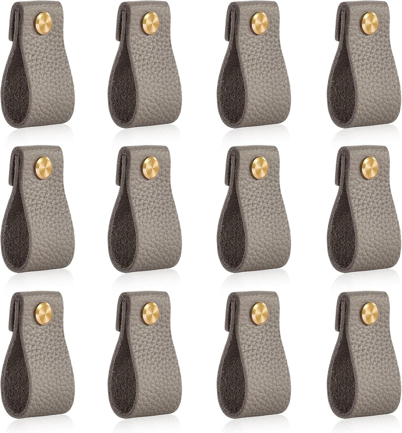 Leather Drawer Pulls(12 Pack,Grey),Leather Dresser Pulls with Fashionable Solid Brass Replacement of Metal Drawer Knobs,Leather Dresser Knobs,Leather Pulls