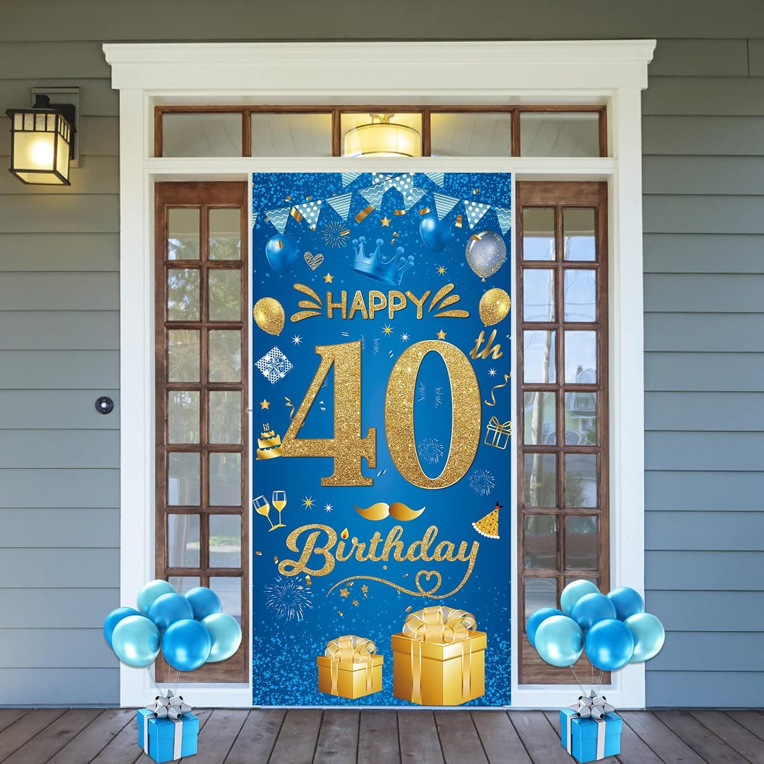 40th Happy Birthday Banner - 40th Birthday Party Decorations Birthday Banner Blue Gold Fabri Birthday Backdrop Door Wall Birthday Decorations for Women Men, 40th Anniversary Birthday Party Supplies