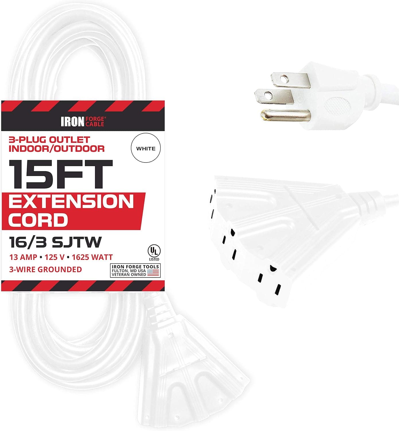 15 Ft Outdoor Extension Cord with 3 Electrical Power Outlets - 16/3 SJTW Durable White Cable