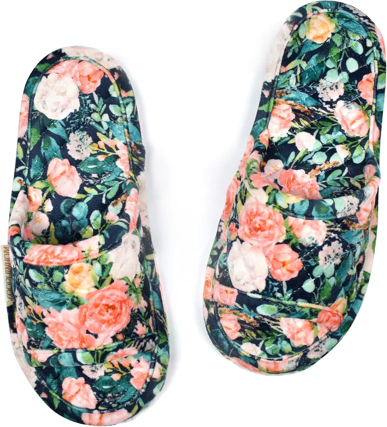 LOOPUINHOM Floral Velvet House Slippers for Women, Lightweight Open Toe Washable Portable Foldable Comfortable Guest Hotel Travel Airplane Spa Slippers