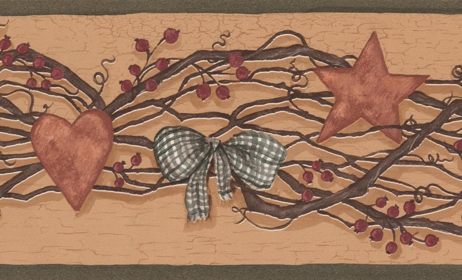 Rouge Red Star Heart on Vines Berries Light Brown Wallpaper Border Retro Design, Roll 15' x 5"