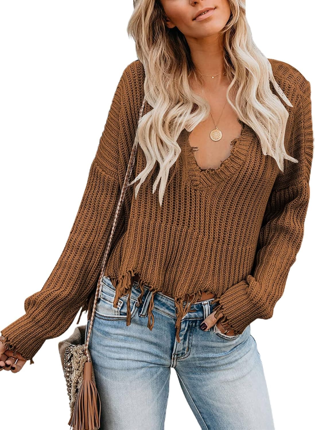 Happy Sailed Womens Solid V Neck Long Sleeve Sweater Loose Ripped Jumper Pullover Knitted Crop Top,Small Brown
