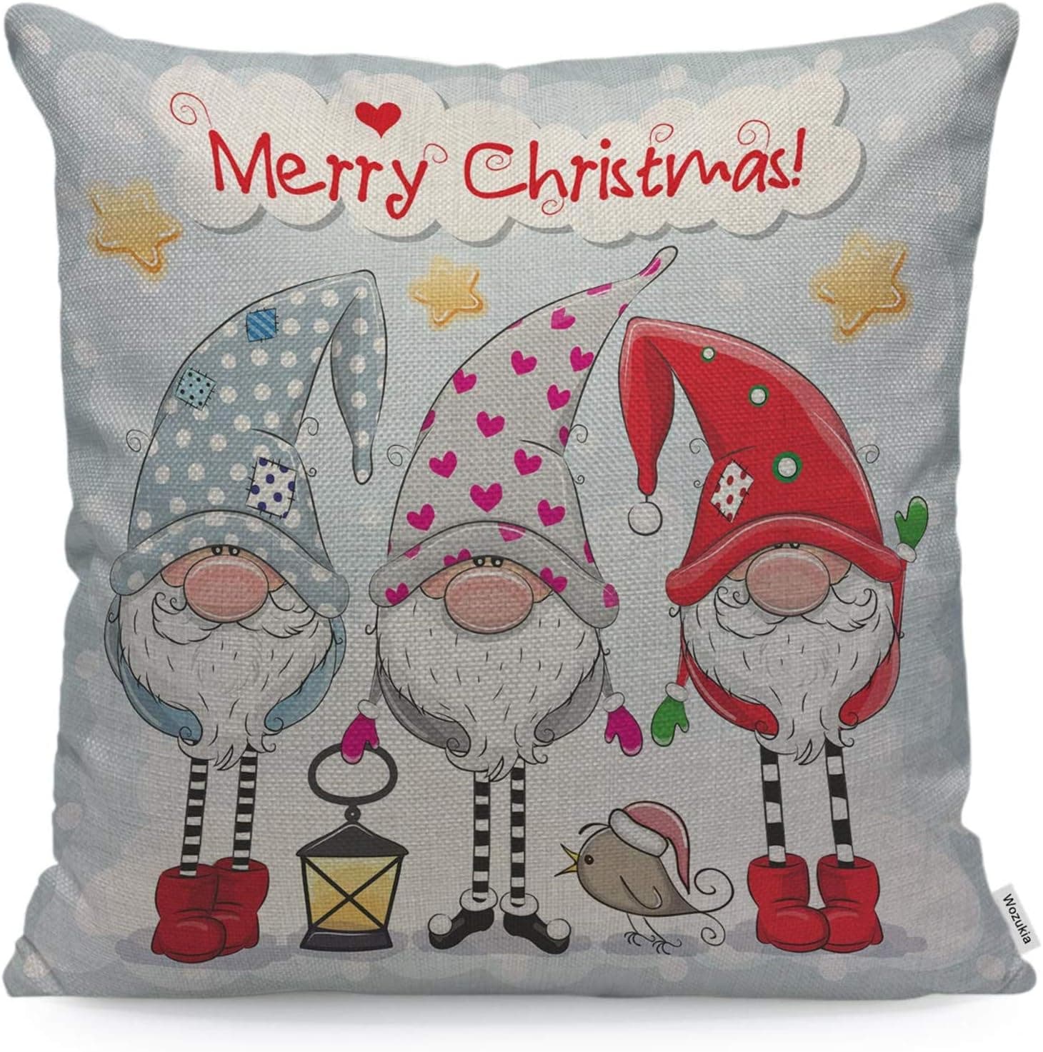 Wozukia Three Cute Gnomes Throw Pillow Cover on A Blue Background Merry Christmas Greeting Fantasy Design Square Pillow Case Cushion Cover for Home Car Decorative Cotton Linen 18x18 Inch