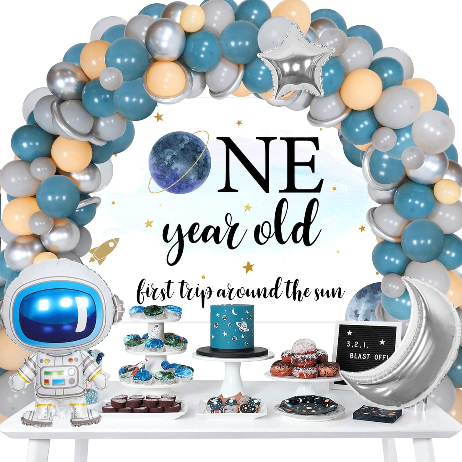 Outer Space 1st Birthday Party Decorations for Boys, First Trip Around the Sun Birthday Decorations Set - Balloon Garland Arch, One Year Old Backdrop, Planet Star Astronaut Foil Balloons
