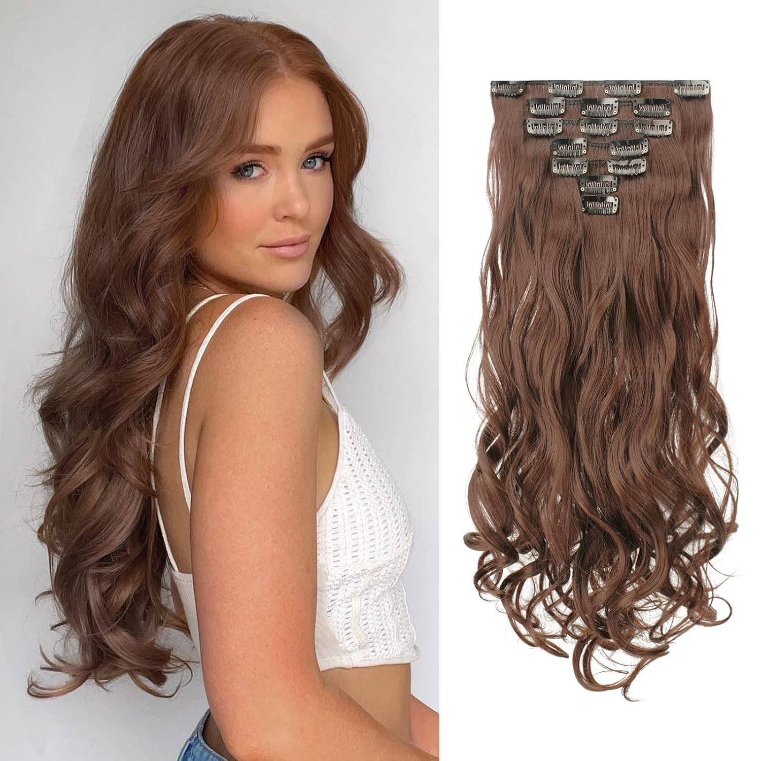 FESHFEN Clip in Hair Extensions 7 PCS Set Long Curly Wavy Synthetic Clip in Hair Extension Full Head Hairpiece for Women Girls, 20 inch