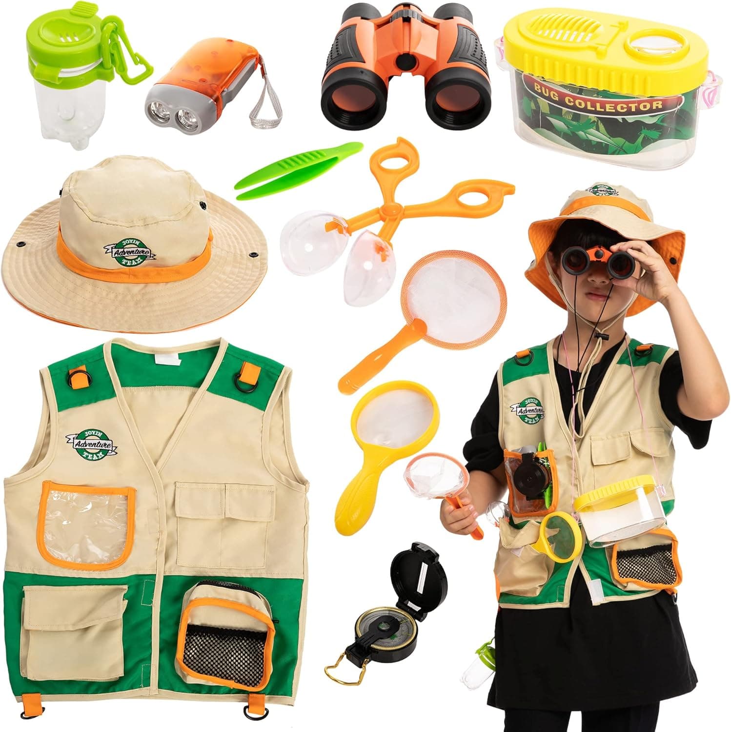 JOYIN Outdoor Explorer Kit, Bug Catcher for Kids (Vest, Hat, Flashlight Compass, Binoculars, Magnifying Glass and Butterfly Net), Kids Camping Gear, Educational Toys, Halloween Birthday Gift for Kids