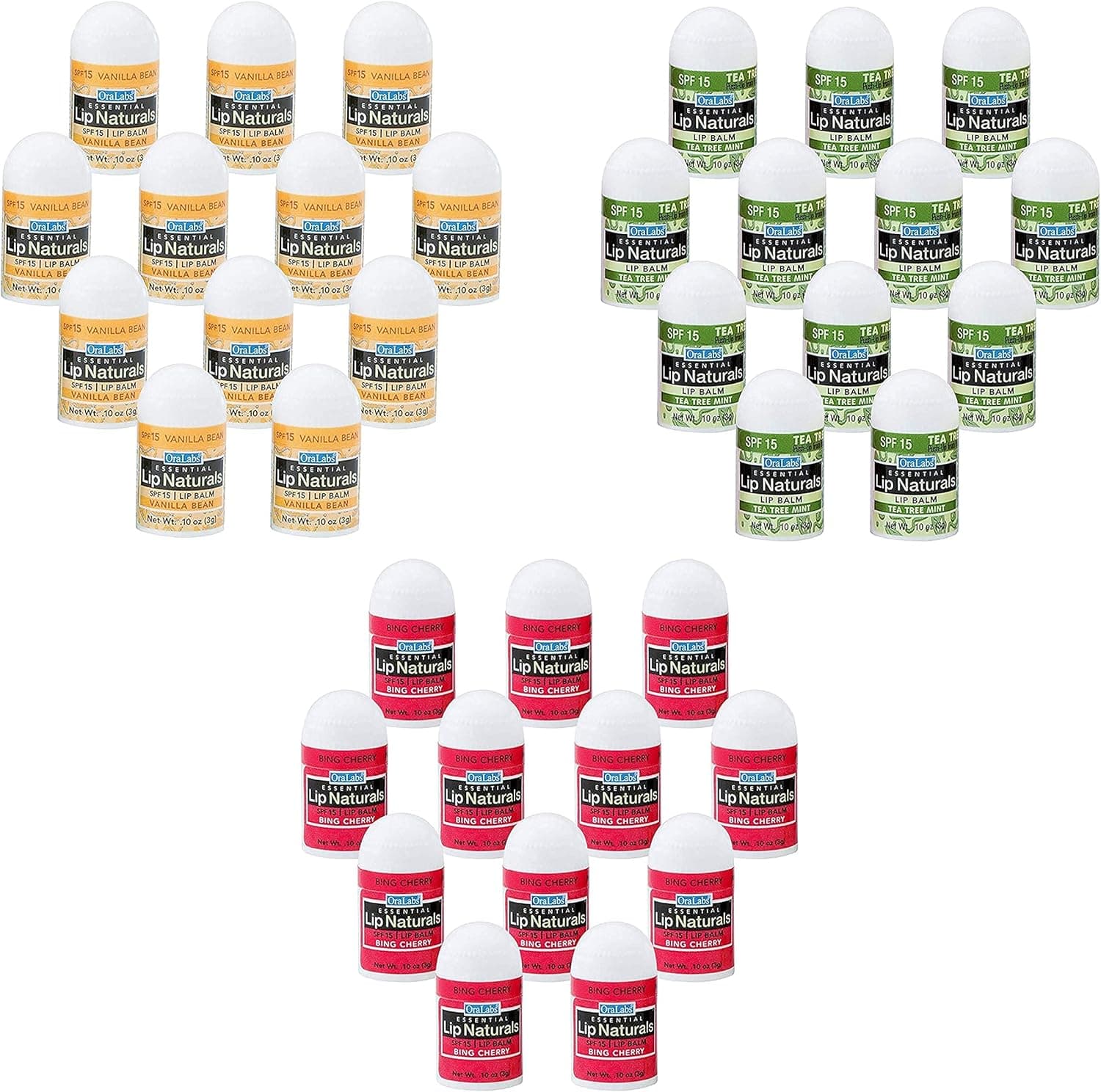 Lip Naturals | Assorted SPF-15 Mini Lip Balm - Includes Bing Cherry, Tea Tree Mint, and Vanilla Bean - Pack of 36