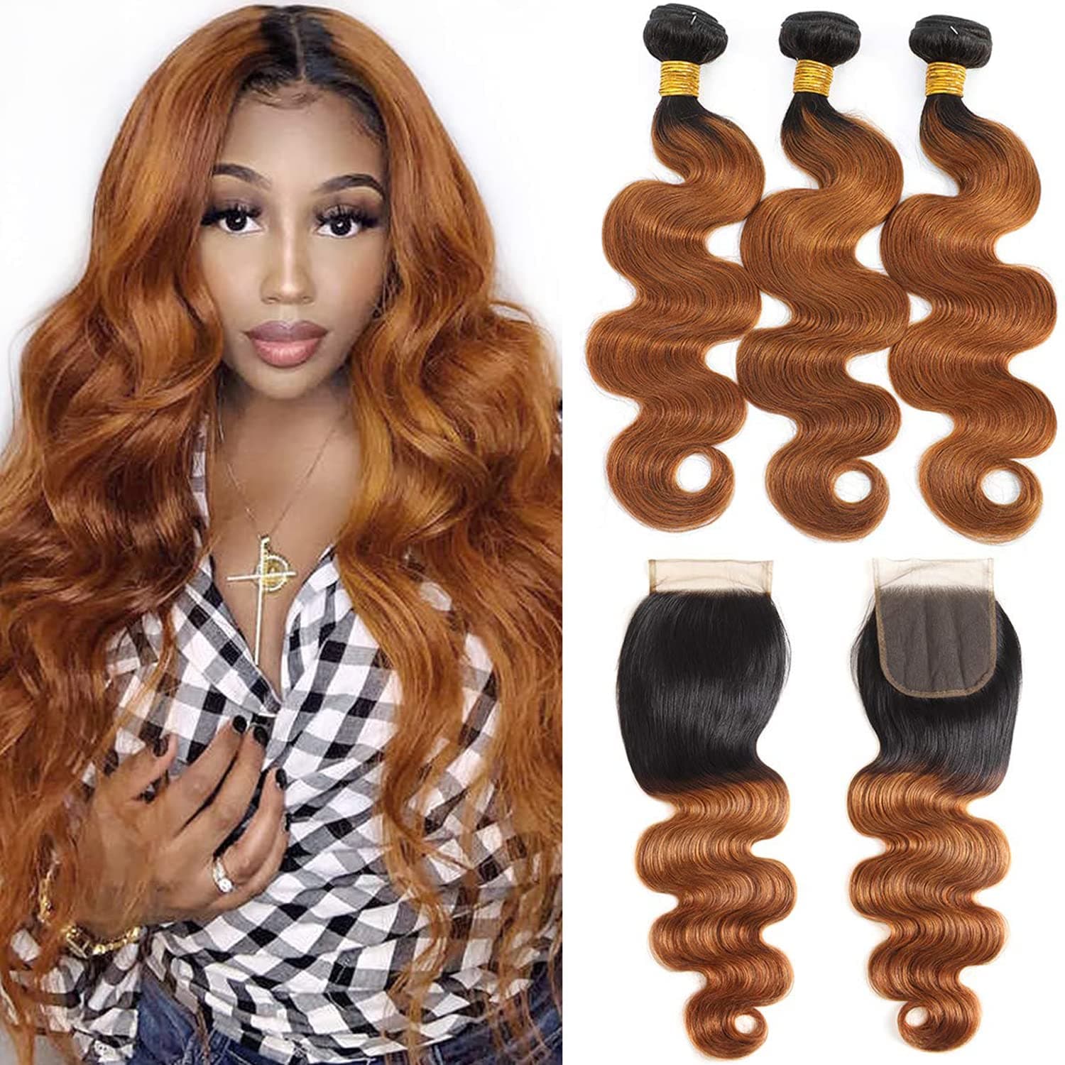 Body Wave Ombre Brown Human Hair Bundles with Closure 3 Bundles With 4X4 Lace Closure Free Part 10A Grade Brazilian Virgin Human Hair Wet Wavy Remy Human Hair 1B/30 Ombre Brown Hair Extensions(18 20 22+16)