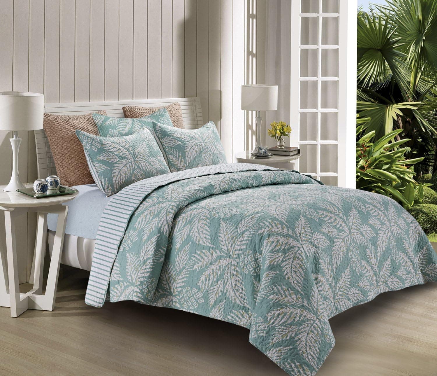 Prime Home Decor 100% Polyester Tropical Palm Tree Bed Set (1 Comforter/Quilt+ 2 Shams) for Hair and Skin Hypoallergic (King Quilt Set-1 Quilt/2 King Shams, Eau Palma (Turquoise Tropical))