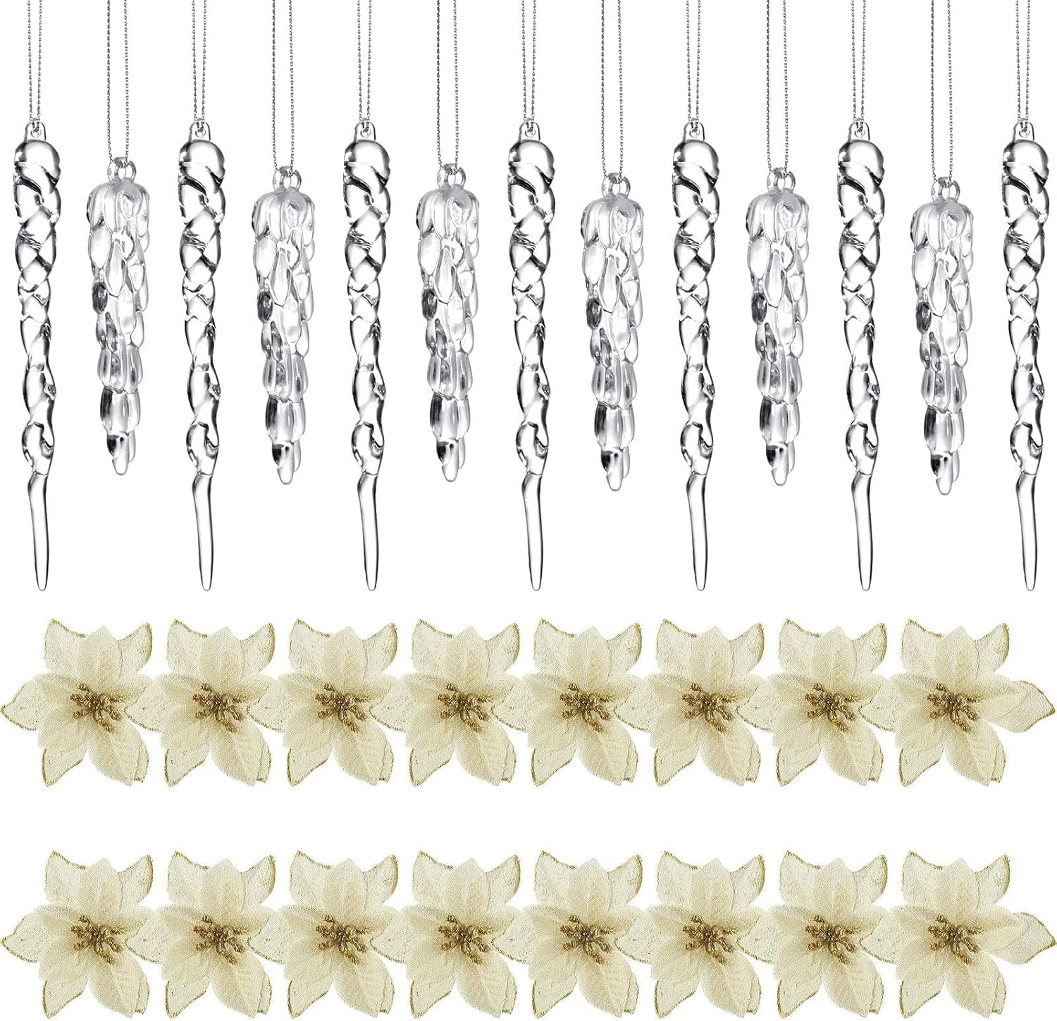 WILLBOND Christmas Tree Ornaments Set Include Glitter 5 Inch Christmas Artificial Wedding Flowers Clear Glass Icicle Christmas Ornaments with Silver Rope for Christmas Party Decorations (Gold)
