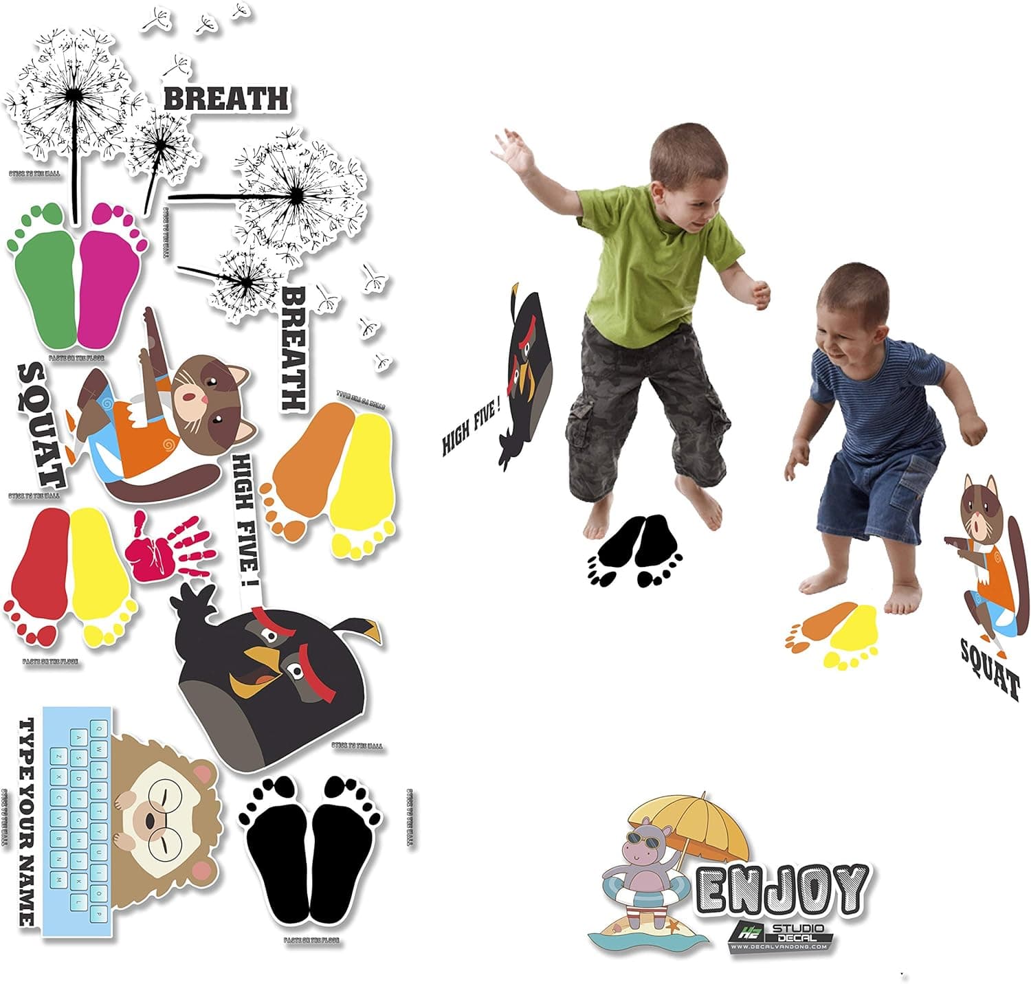 HK Studio Education Floor Decal for Classroom Decor - Dynamic Funny Squat, High Five, Push Wall for Boosting Gross Motor Skills - Sensory Path - Indoor School Montessori Gym