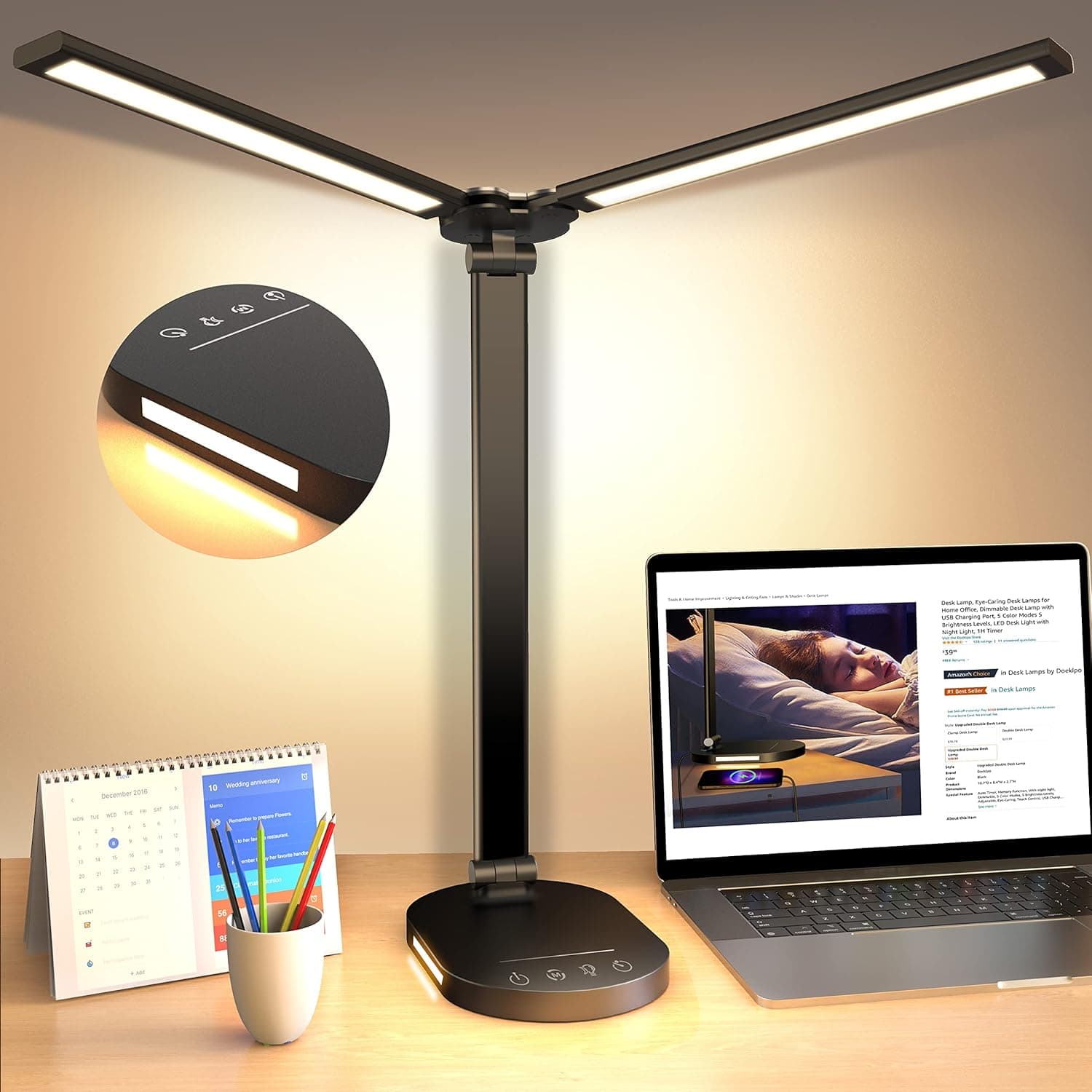 Desk Lamp, Double Head Desk Lamps for Home Office, Dimmable Desk Lamp with USB Charging Port, 5 Color Modes 5 Brightness Levels, LED Desk Light with Night Light, 1H Timer