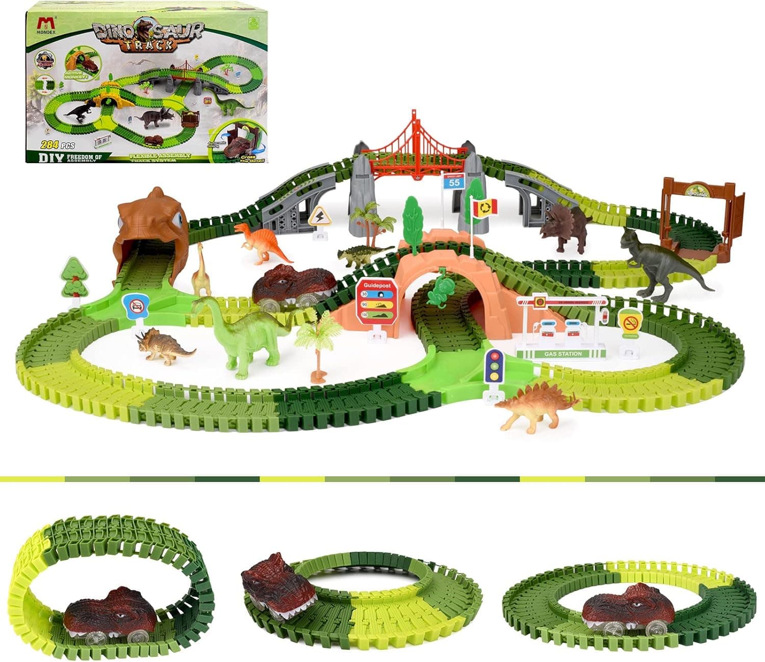 MONDEX 284 Pcs Dinosaur Car Race Track Toy-Dinosaur Toys with Flexible Train Track Playset Dino Toys, Bridge, Ramps and 1 Race Car Toys for Kids, Boys & Girls Ages 3+