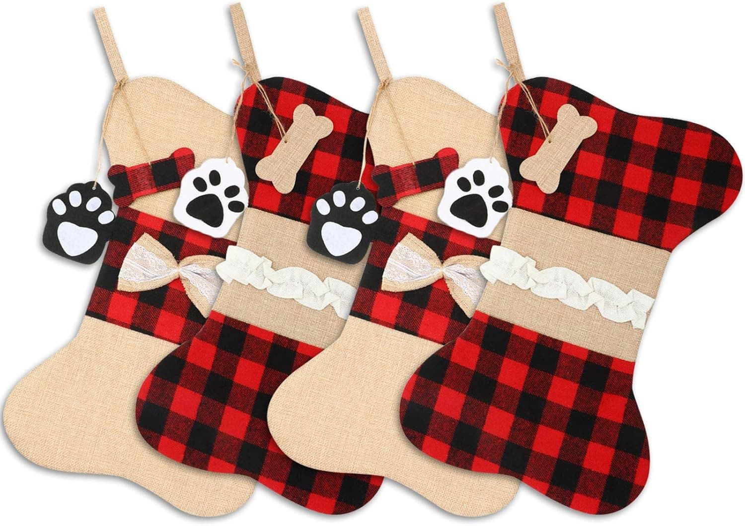 Skylety 4 Pieces Dog Bone Stockings Christmas Burlap Pet Dog Buffalo Plaid Large Bone Shaped Hanging Stockings for Dogs Christmas Decorations (Red Black Plaid)