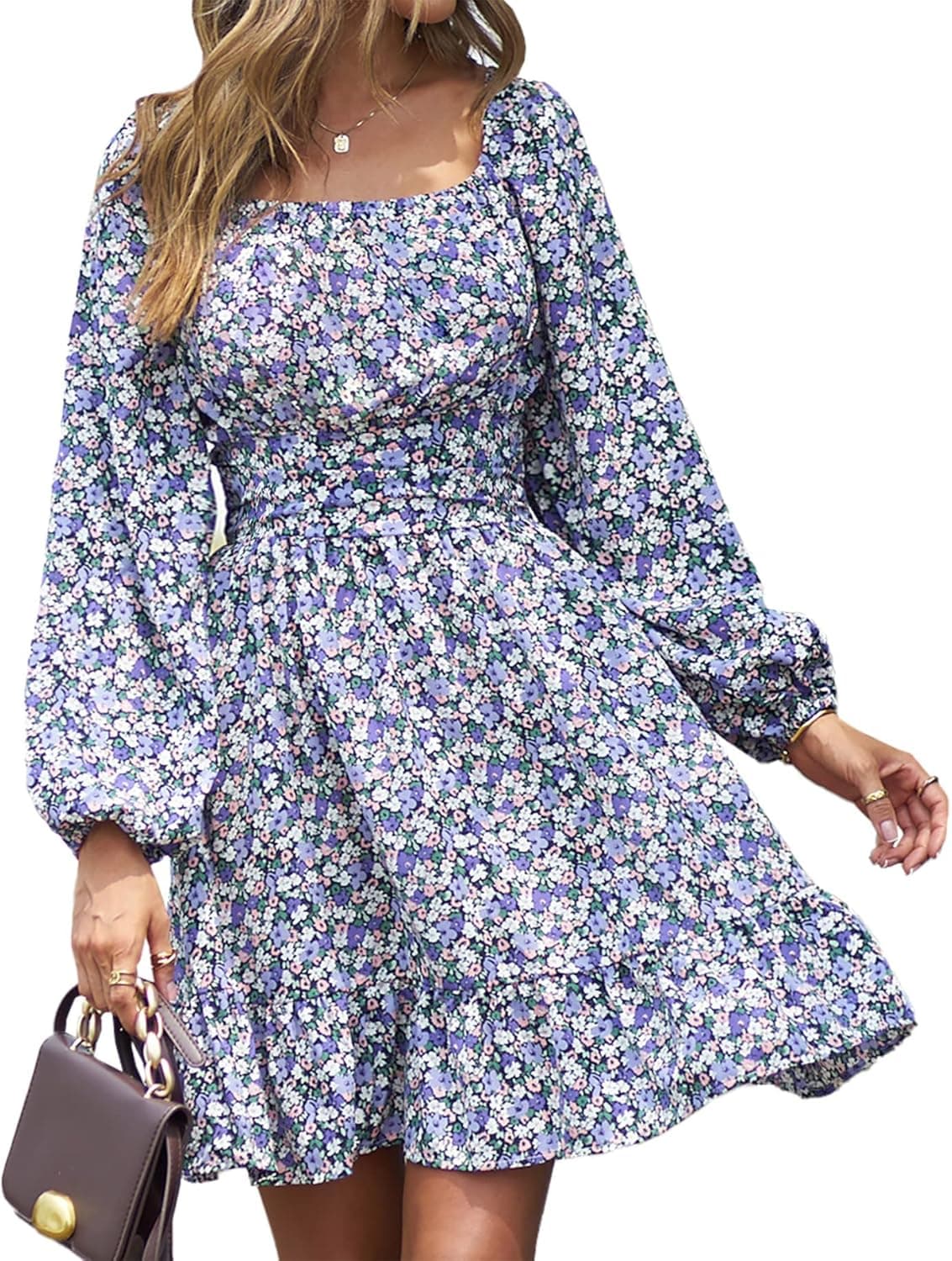 BTFBM Women Boho Square Neck Casual Dress Long Lantern Sleeve Tie Back High Waist Floral Print Ruffle Flowy Mini Fall Dresses