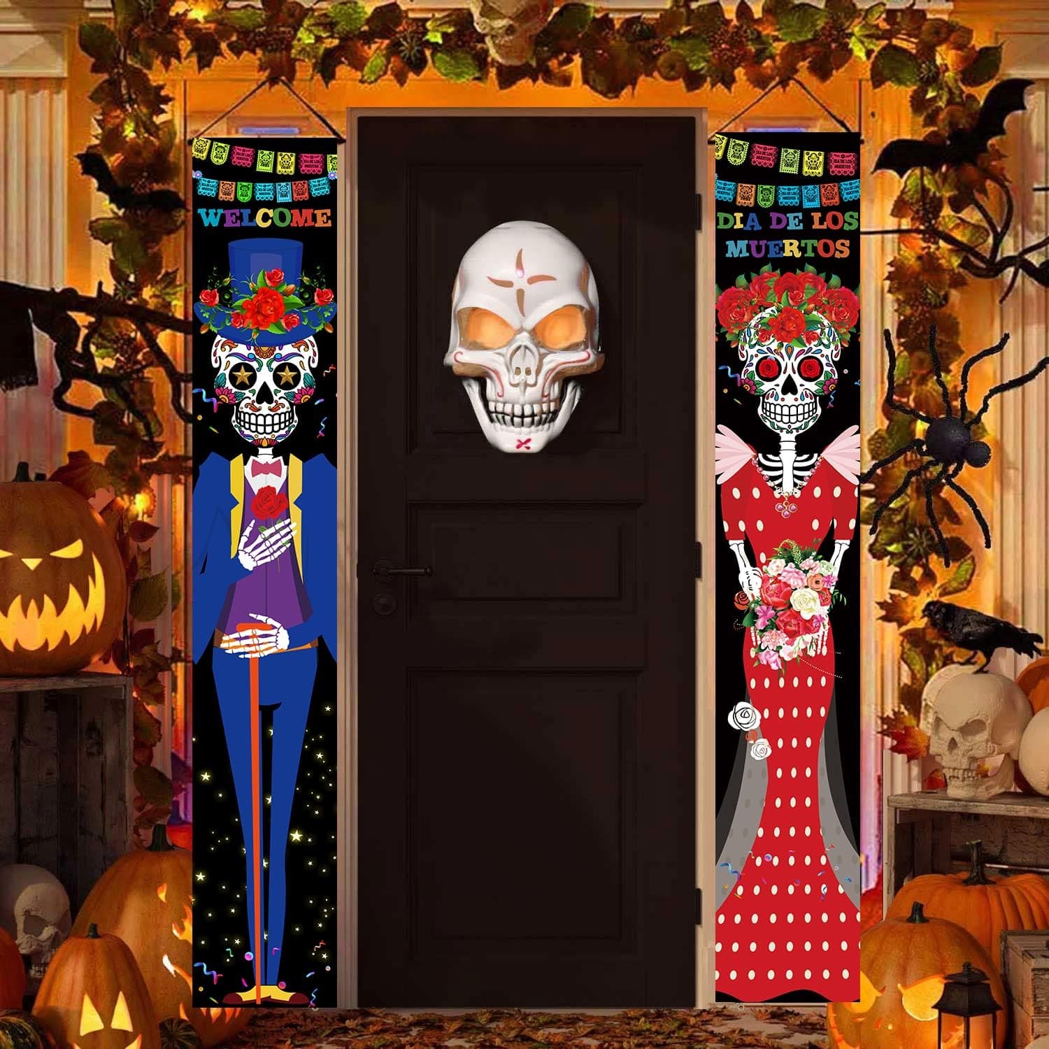 Day of The Dead Porch Sign for Halloween Party Autumn Mexico Welcome Halloween Door Banner Fall Hanging Wall Banner Decorations
