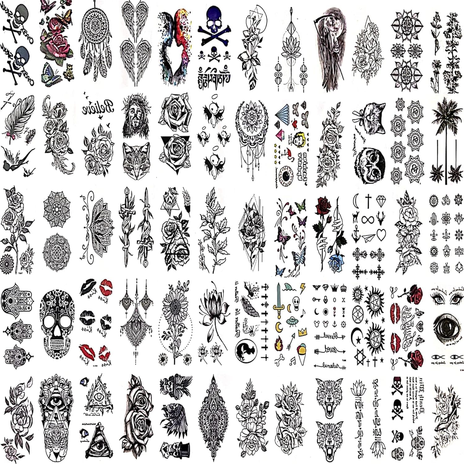 60 sheets temporary tattoo fake tattoos waterproof and long lasting, butterfly rose moon sugar skull mix and match style small arm thigh children's tattoos, suitable for children girls adult men and women