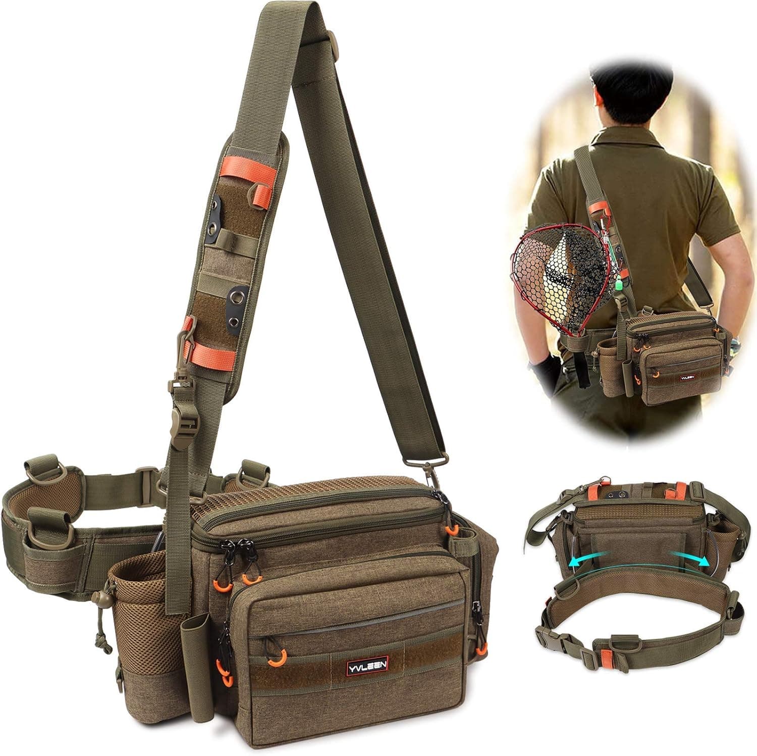 YVLEEN Sling Fishing Tackle Bag - Outdoor Fishing Tackle Storage Pack - 2022 Newest Design Water-Resistant Fishing Waist Bag Cross Body Fly Fishing Sling Pack