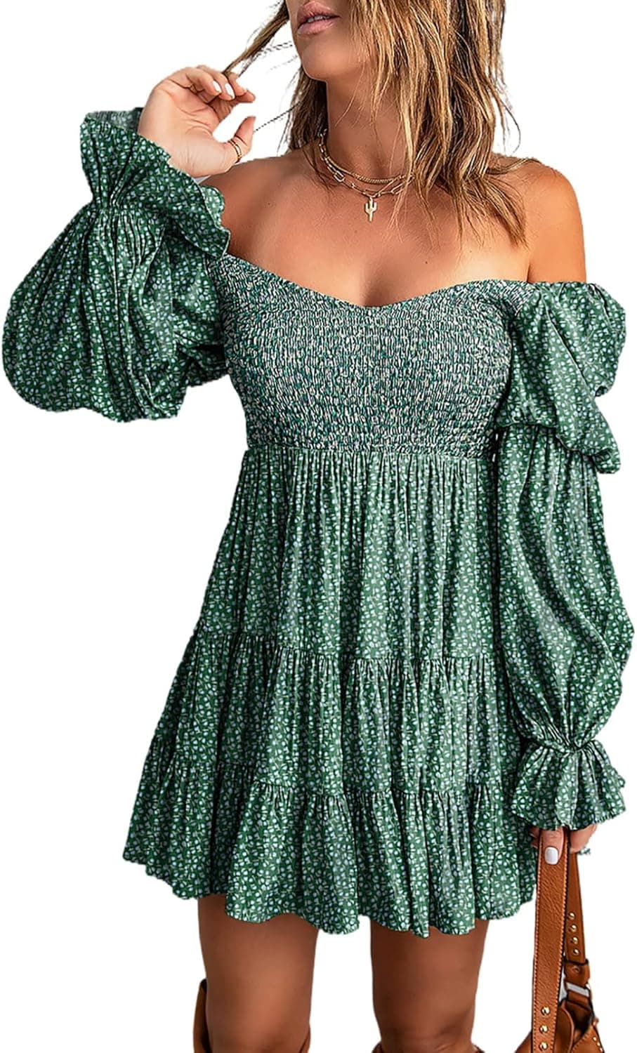EVALESS Summer Dresses for Women 2022 Long Ruffle Sleeve V Neck Off Shoulder Elastic Waist Short Skater Casual Mini Dresses