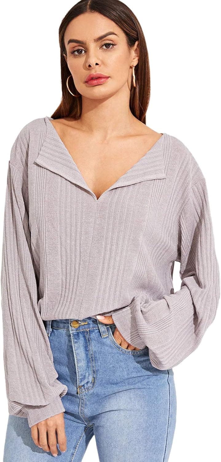 SheIn Women's Casual Lapel V Neck Long Sleeve Loose Pullover Ribbed Tee Shirt