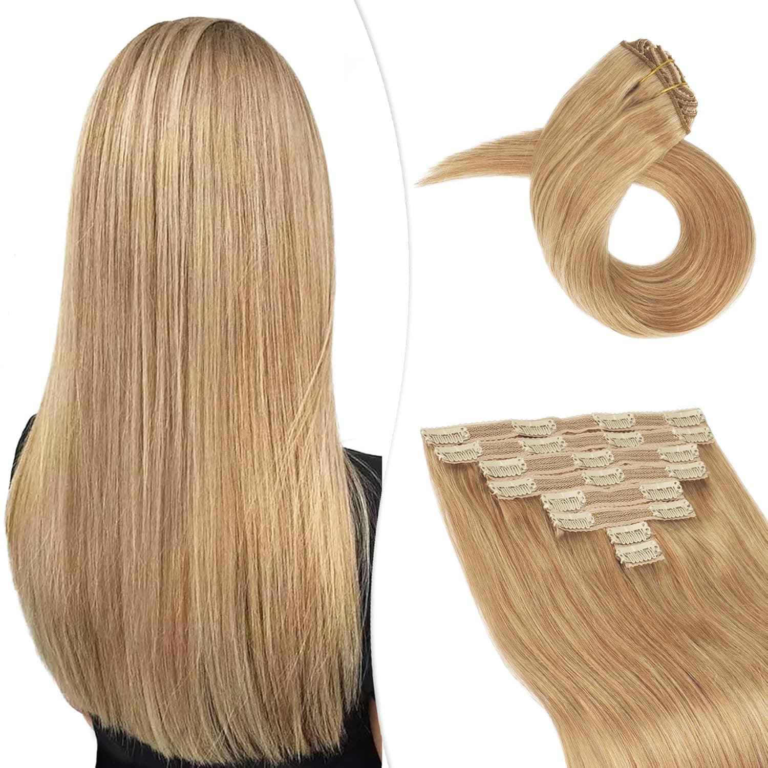 RUWISS Clip in Hair Extensions Real Human Hair 24 Inch 8pcs Lightest Brown/Bleach Blonde Mixed Straight Human Hair Extensions Triple Weft Seamless Hair Extension Clip on Natural Human Hair 135g