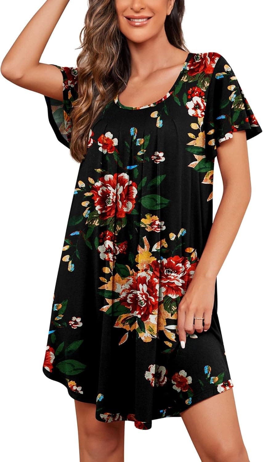 PrinStory Womens Nightgown Short Sleeves Sleepwear Soft Loose Sleepshirt Scoopneck Pleated Nightshirt Loungewear
