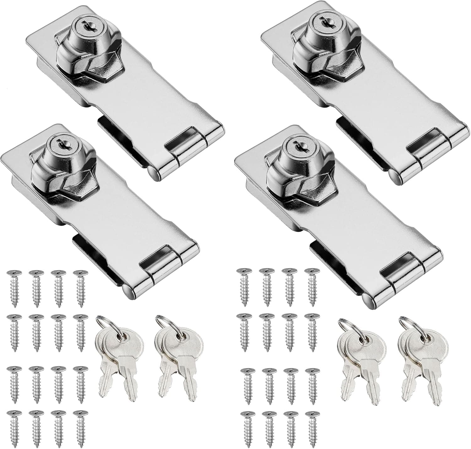 Kitmose 4 Pack 4 inch Keyed Hasp Locks, Twist Knob Keyed Locking Hasp for Small Doors Cabinets Drawers, Stainless Steel Chrome Plated Catch Latch Safety Cabinet Lock with Keys, Keyed Different