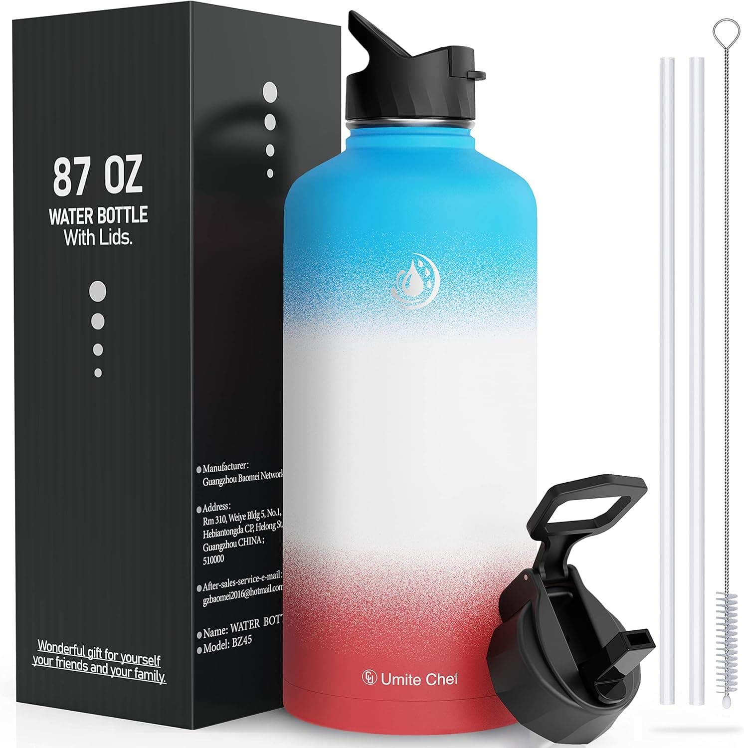 Umite Chef Water Bottle, Vacuum Insulated Wide Mouth Stainless-Steel Sports 18-87OZ Water Bottle with New Wide Handle Straw Lid ,Hot Cold, Double Walled Thermo Mug (Sorbet, 87oz)