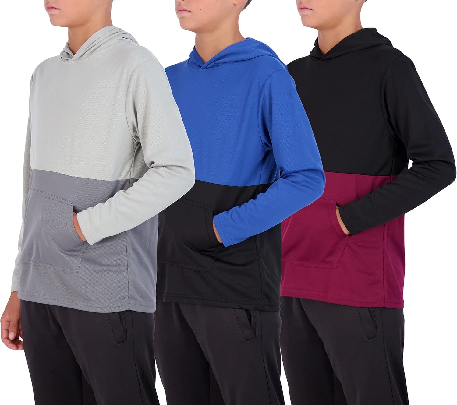 Real Essentials 3 Pack: Youth Mesh Long Sleeve Pullover Hoodie Active Sweatshirt - Kangaroo Pocket - Boys & Girls