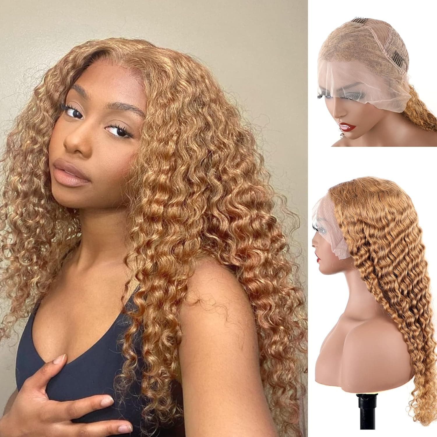 BLY Light Brown Colored 10A Human Hair Blonde Wig Lace Front for Women 13x4 HD Transparent Pre Plucked Deep Wave Curly Glueless Wigs 180% Density #27 Color 30 Inch