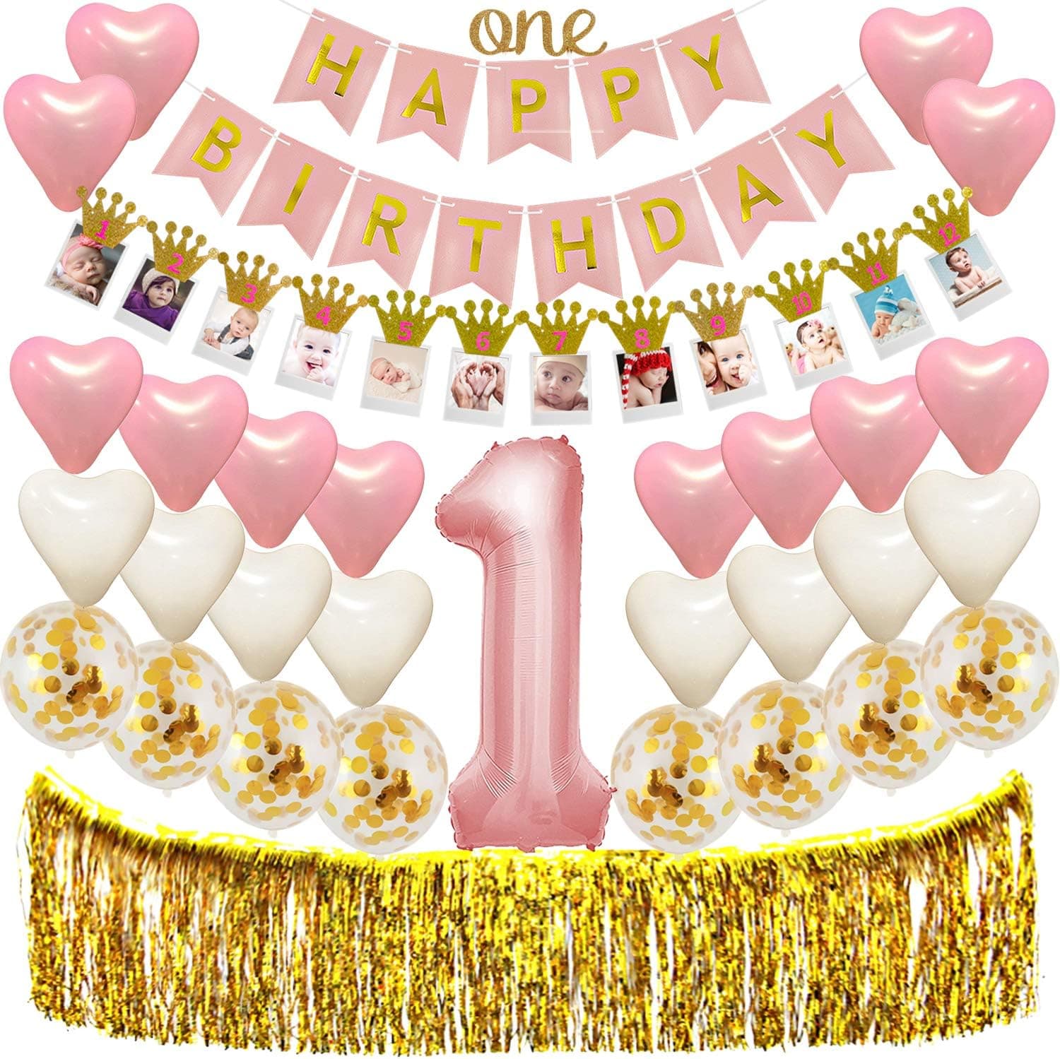 1st Birthday Decorations for Girls , Baby First Pink and Gold Birthday Theme Party Supplies /Giant NO.1 Foil Balloon Happy Birthday Banner"One"Cake Topper Fringe Curtain TD030