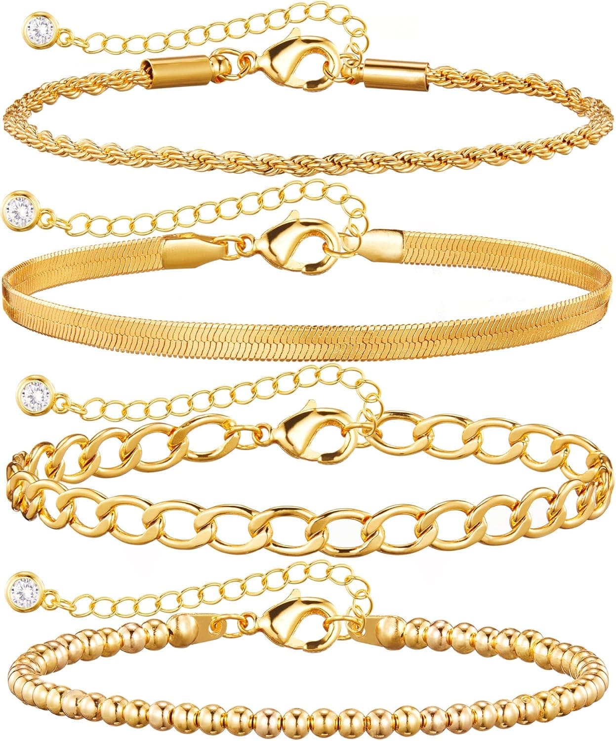 Kenivira Gold Bracelet for Women 18K Gold Plated Dainty Layered Cubic Zirconia/Bar/Beaded/Paperclip/Curb/Figaro Chain Adjustable Bracelets for Girls Valentines Day Gifts