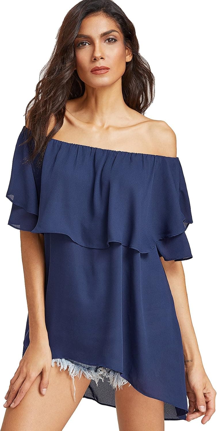 SheIn Women's Summer Floral Button Up Tie Neck Knot Cap Sleeve Blouses Shirt Tops (X-Small, Royal Blue#)