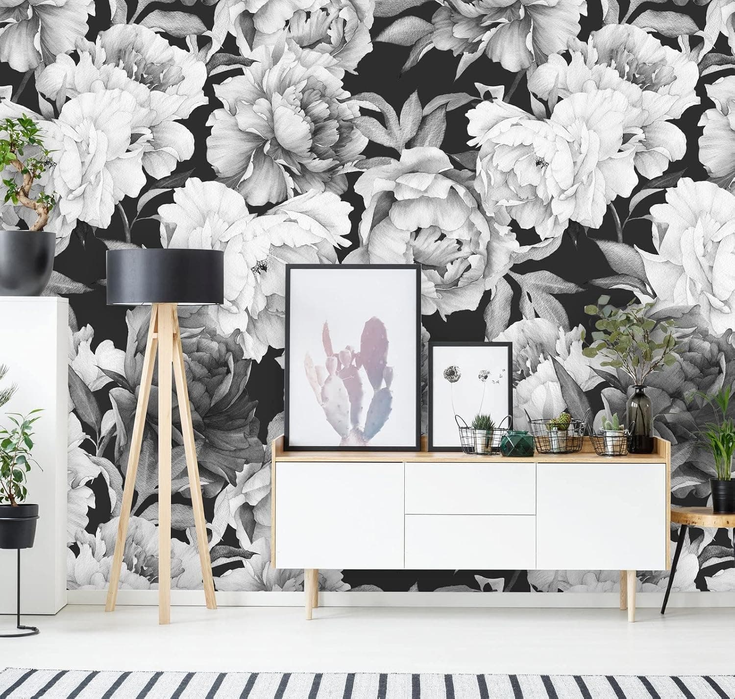 Coloritto Removable Peel 'n Stick Wallpaper, Self-Adhesive Wall Mural, Watercolor Floral Pattern, Nursery Baby’s Room Decor • Black and White Flowers (24" W x 144" H Inches)