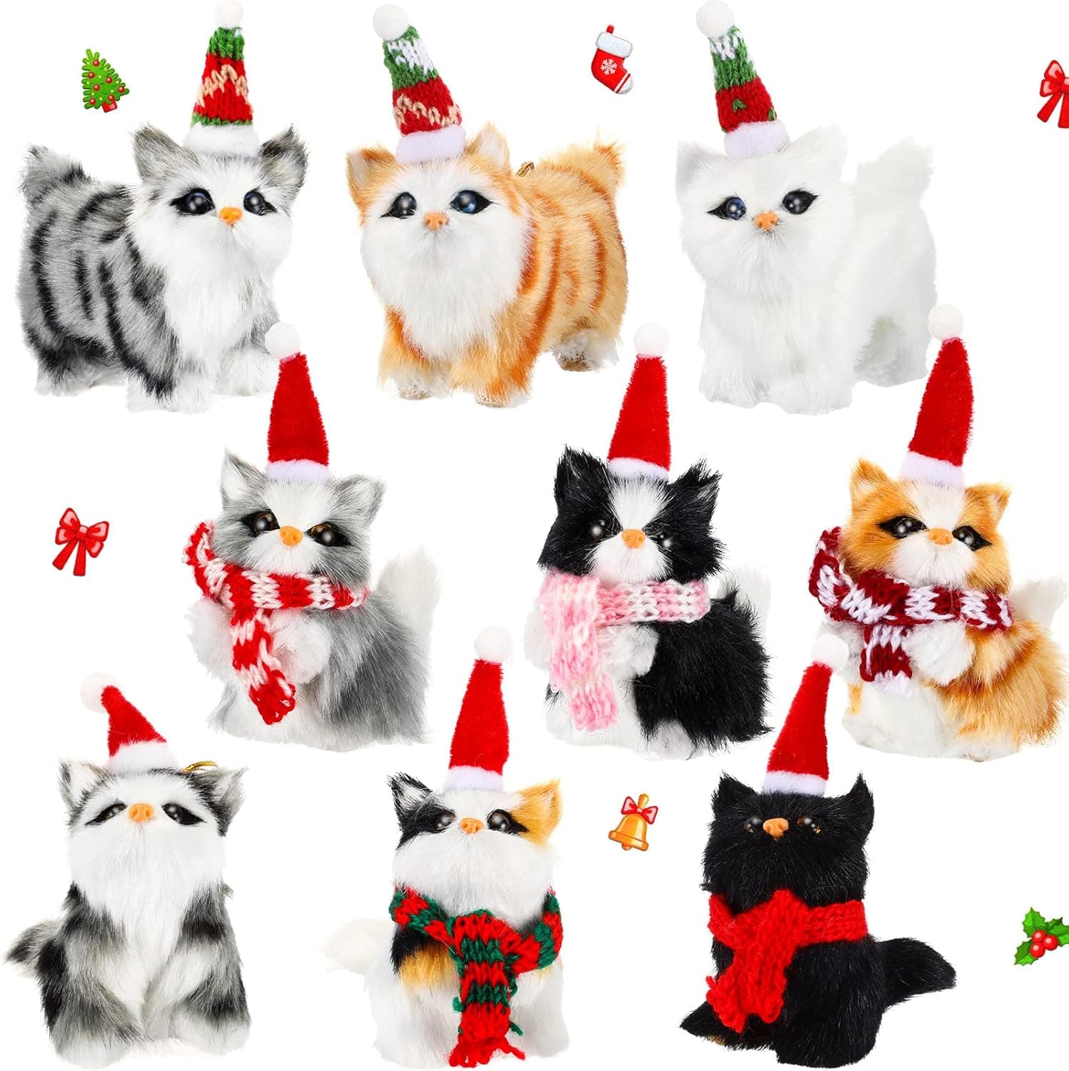 9 Pcs Mini Cat Ornament Faux Fur Animal Ornament Kitten Holiday Hanging Decoration Soft Plush Cat Decorations with Hat and Scarf for Keychain Backpack Hanging