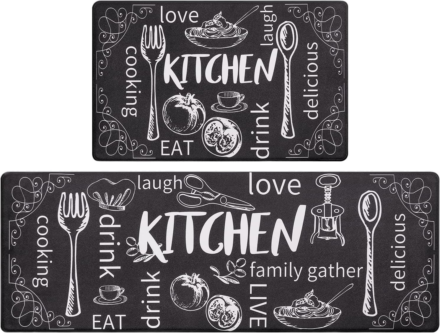 HEBE Anti Fatigue Kitchen Mat Set of 2 Non Slip Thick Cushioned Kitchen Rug Sets with Runner 17"x48"+17"x28" Heavy Duty Comfort Standing Mats Waterproof Kitchen Carpet