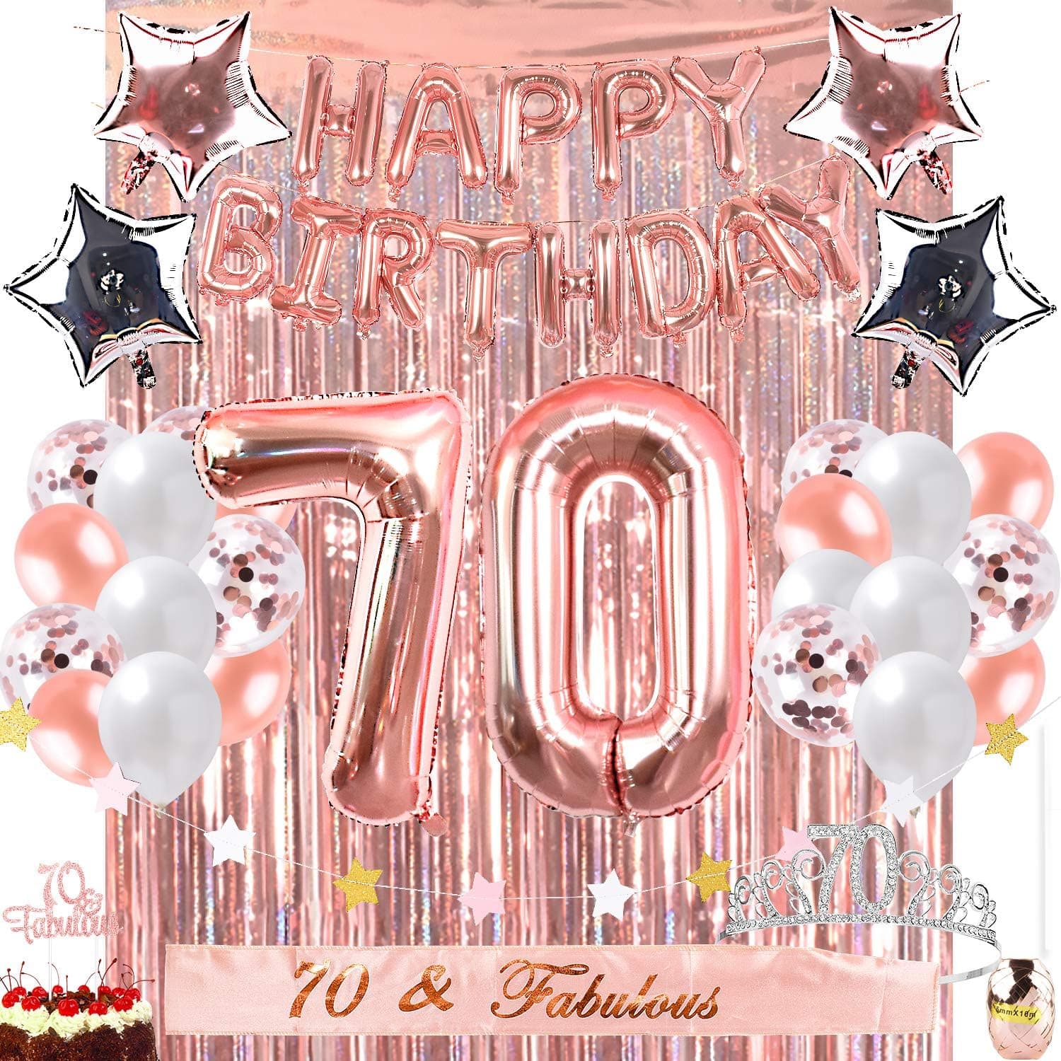 OUGOLD 70th Birthday Decorations Party Supplies 70 & Fabulous Cake Topper Rose Gold Happy Birthday Balloons Birthday Crystal Tiara & sash Backdrop Curtain Photo booth