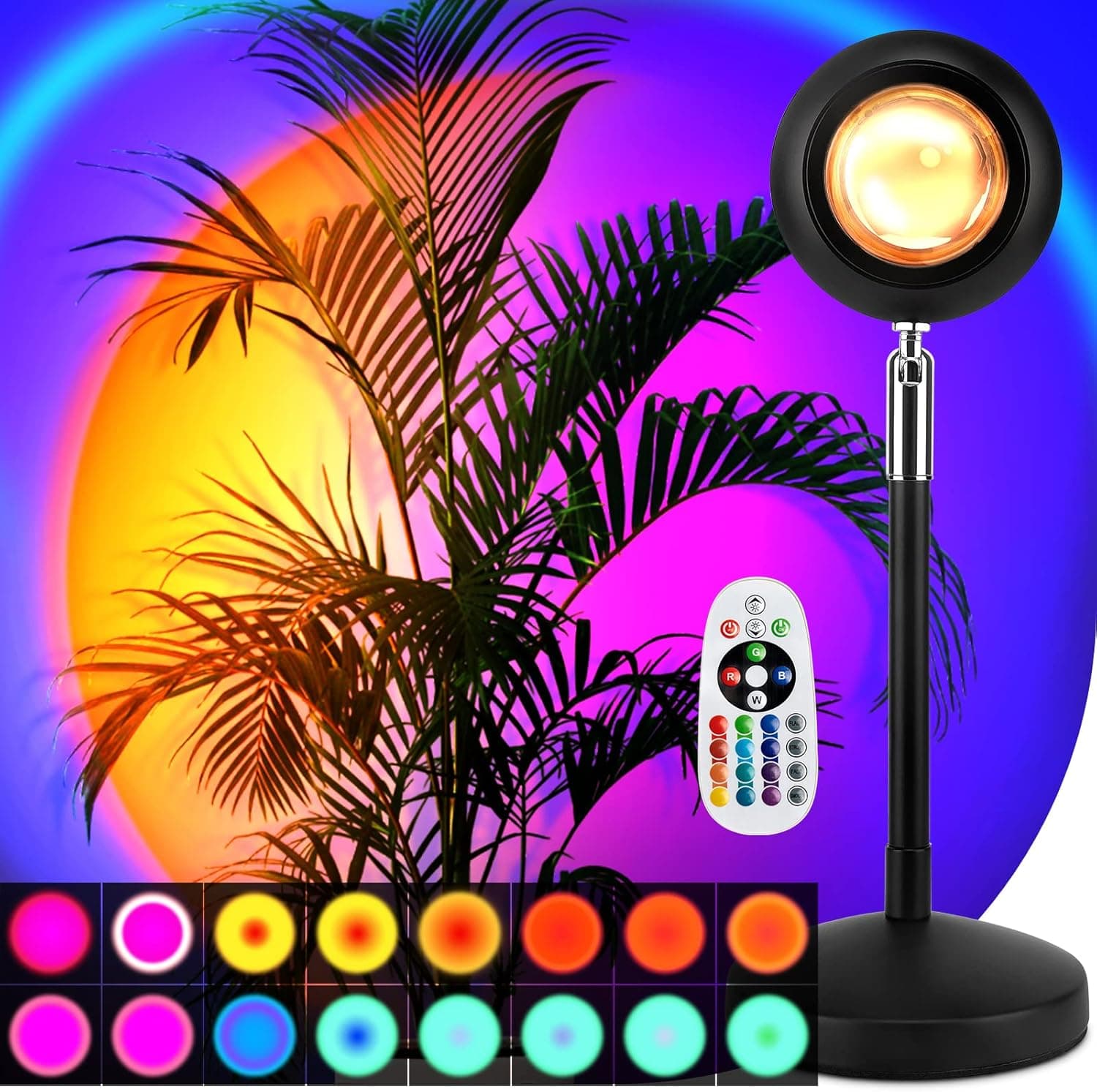FTOYIN Sunlight Lamp,16 Colors Sunset Lamp Projector with Remote, 360° Rotation&180° Flip LED Multiple Colors Sunset lamp for Photography Living Room Bedroom Holiday Party Decor Night Sunset Light
