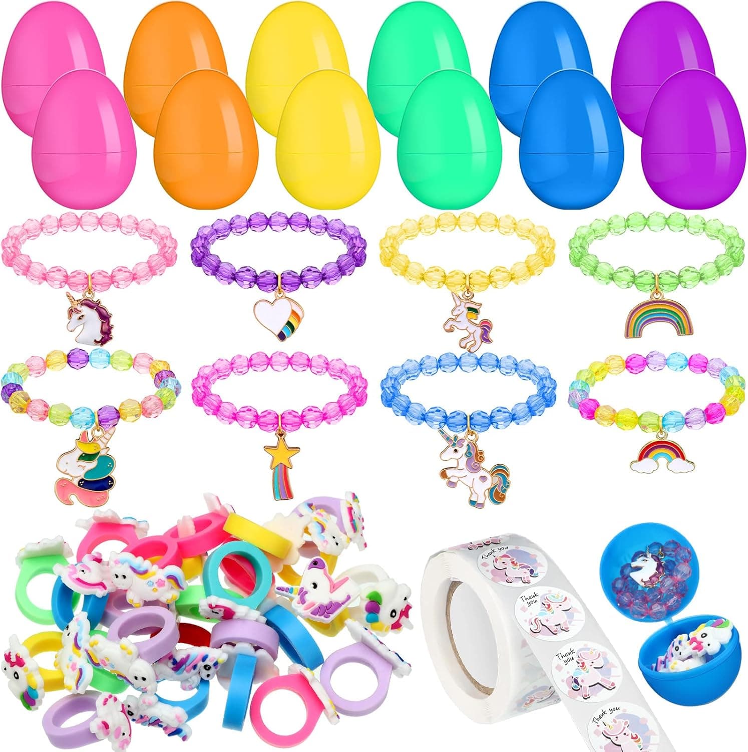 12 Pcs Prefilled Easter Eggs with 9 Unicorn Bracelets 26 Cute Rings and 500 Easter Stickers Easter Eggs Prefilled with Jewelry for Women Girls Easter Party Favor
